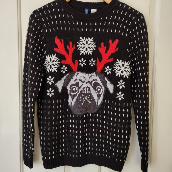 Pug Reindeer Dog Christmas Sweater Cute Ugly Holiday Party Black Unisex Small - Picture 3 of 8